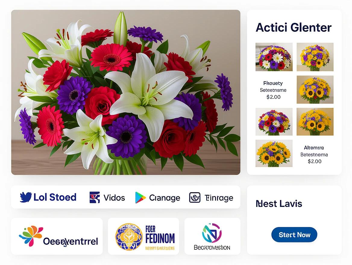 Display a beautiful floral arrangement. Use bright colors and various flower types. Include prominent lilies and gerbera daisies. Create an appealing and vibrant composition. Suitable for use as a background image in TV apps.