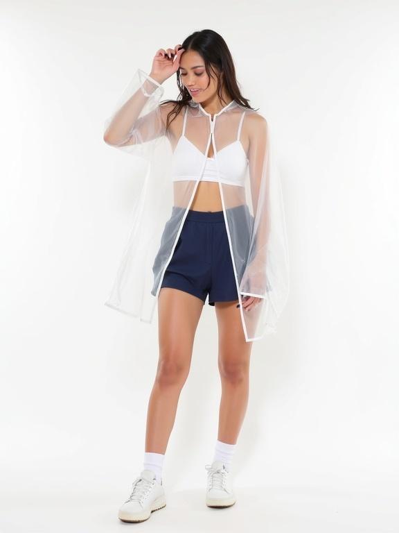 Photograph of a person in a white bralette and dark blue low-riding shorts wearing a wet transparent raincoat. The person is standing side-on with their right hand on their forehead and left arm extended. The background is white with no distractions.