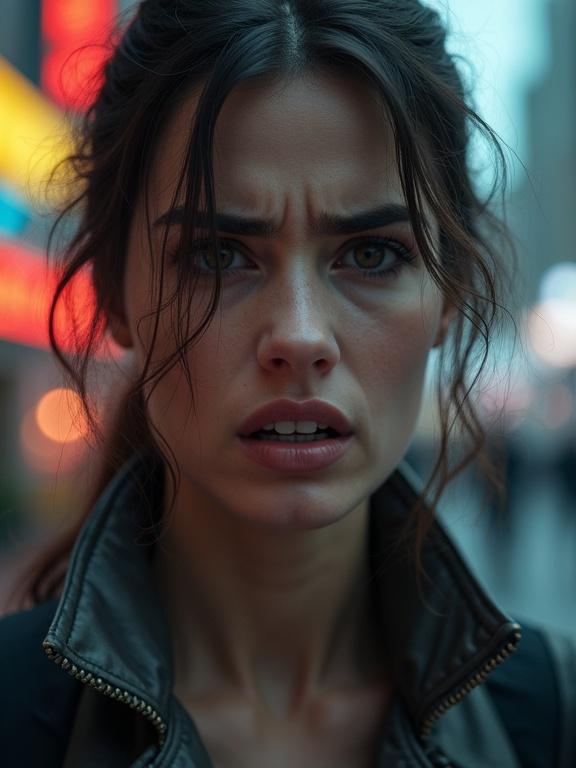 Realistic beautiful woman expressing anger in a futuristic city during a cinematic moment. Close-up of her face showcasing high quality skin texture.