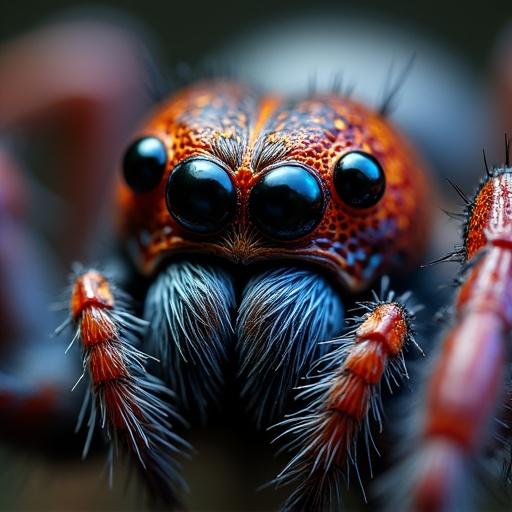 High definition macro photograph showing a spider's face with vibrant colors and professional quality