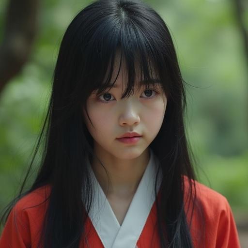 Portrait of a young Asian female character. She has long black hair and a calm expression. Dressed in a red traditional outfit, set in a natural background with soft light.