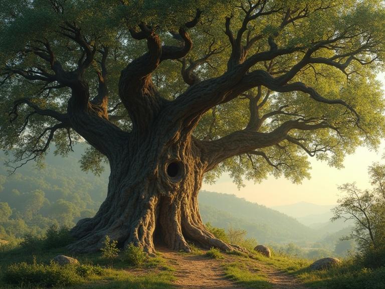 A large ancient tree with a gnarled trunk and expansive branches under soft morning light. The scene features a winding path leading to the tree, surrounded by a lush landscape.