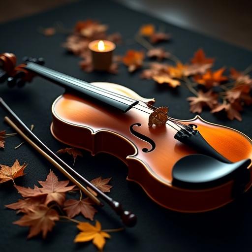 Photorealistic image of a violin lying on black velvet fabric surrounded by fragments of music sheets with ambient lighting.