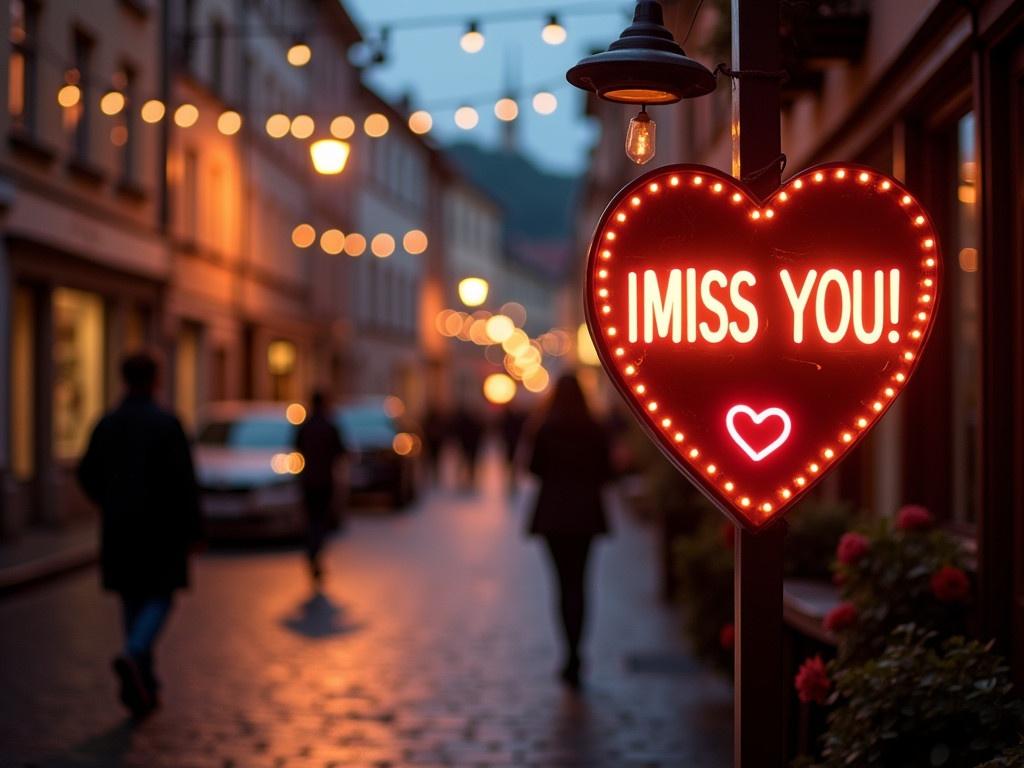 A cosy and romantic street scene at dusk, showcasing warm lighting. In the foreground, a neon sign glows with the text "I MISS YOU ! ♡" in soft, inviting colors. The background features softly blurred silhouettes of buildings, with street lamps casting a gentle light on the cobblestone road. Flickering lights from passing cars create a dreamy atmosphere. A few pedestrians stroll by, adding a sense of life to the serene setting.