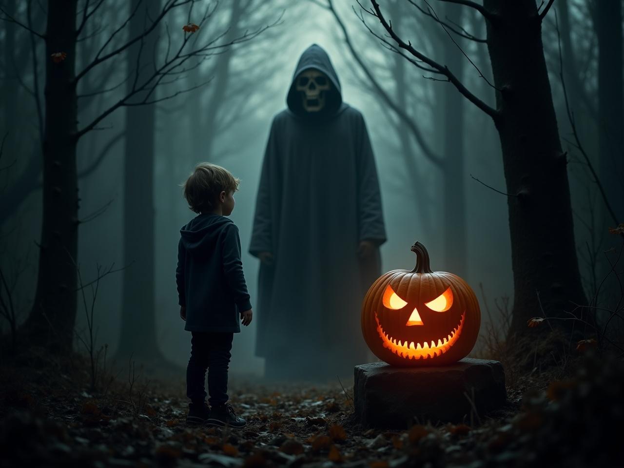 This chilling movie poster depicts a haunting scene set in a dark forest. A menacing skull-faced specter looms in the background, dressed in a dark cloak. In the foreground, a child stands facing this figure, evoking a sense of fear and suspense. Beside the child, a carved pumpkin with a sinister expression sits on a stone, illuminating the scene with its eerie glow. The misty atmosphere and bare trees enhance the overall mood, making it a compelling visual for a psychological thriller or horror-themed story.