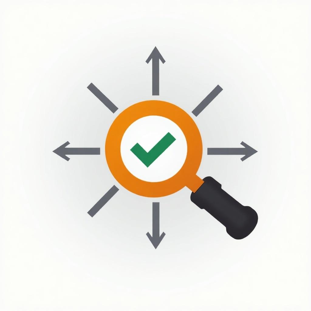 This image depicts an inspection loading icon featuring a large magnifying glass. The magnifying glass has an orange handle and encompasses a green check mark in its lens. Surrounding the magnifying glass are gray arrows pointing outward, indicating exploration or inspection. The background is simple and muted to focus attention on the icon. This design uses a flat and modern aesthetic, suitable for user interface applications.