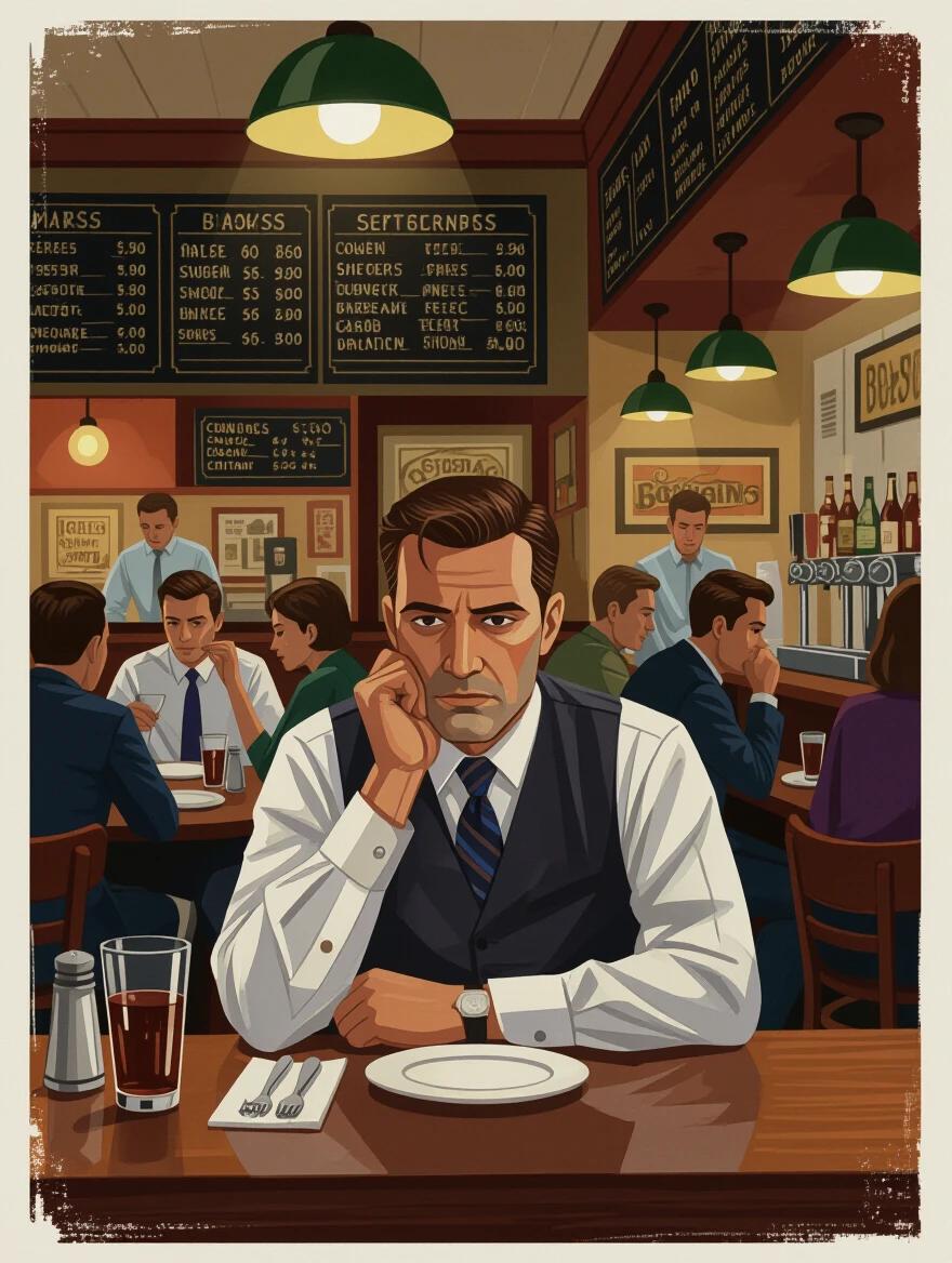 American salesman sits at crowded restaurant table. Dark wood interior with green lights above. Busy environment with patrons enjoying their meals. The atmosphere shows the late-night dining scene. Focus on the man's thoughtful expression while he contemplates.