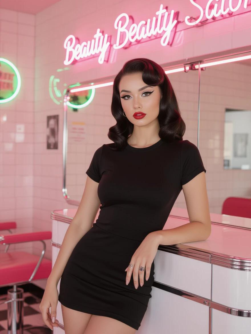 Photorealistic model with pin-up curls wearing fitted black t-shirt at retro beauty salon with neon signs.