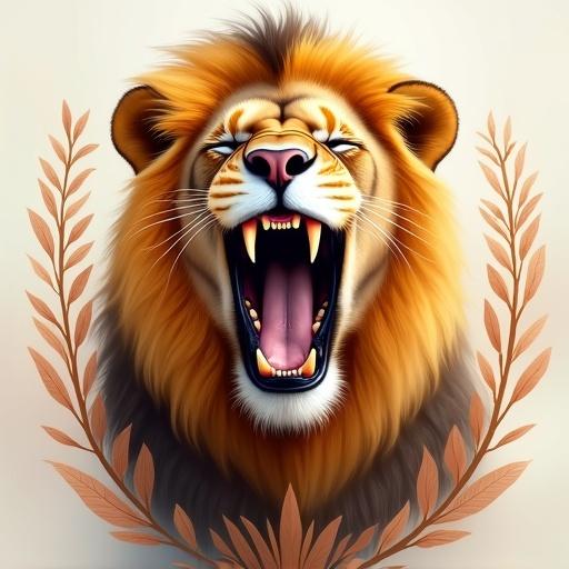 Close-up portrait of a roaring lion against a blended background. Fur has rich textures with golden and brown hues. Eyes closed in yawn showing sharp teeth. Hyperrealism art style with digital painting techniques. Composition centered with subtle botanical leaves.