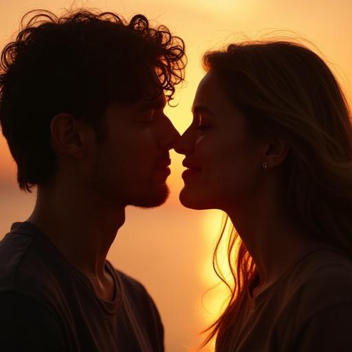 A couple leans in for a kiss. They are close together. Warm light illuminates their faces. The setting is intimate and touching. The feeling expressed is love and connection.