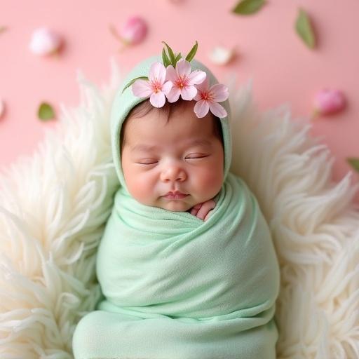 Newborn baby wrapped in light green swaddle. Baby wears a headband with cherry blossoms. Baby lies on soft white blanket. Light pink paper background features falling petals.
