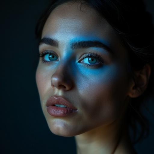 Portrait of a woman with captivating blue eyes. Soft lighting against dark background. Emphasizes facial features and expression.