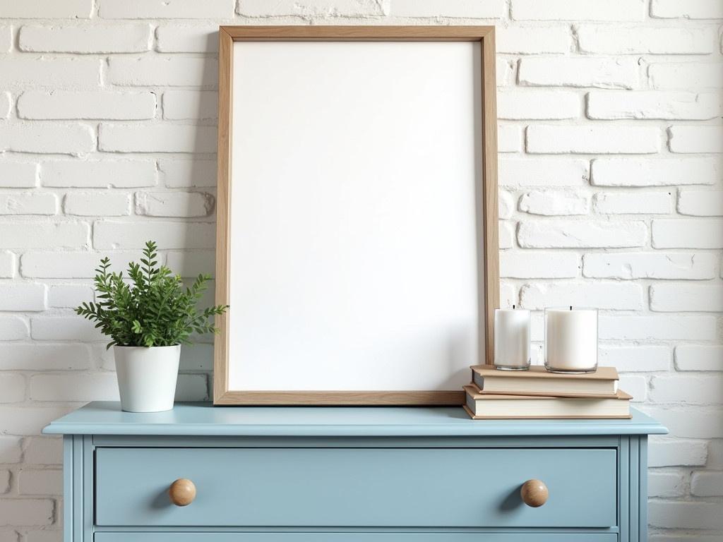 This image features a mock-up of a poster frame resting on a vintage chest of drawers. The chest is painted in a soft blue color, adding a touch of charm to the scene. A smooth, whitewashed brick wall serves as the background, creating a clean and modern aesthetic. The frame is empty, ready for a personalized design or artwork to be showcased. A small potted plant sits beside the frame, bringing a bit of nature indoors. Neatly stacked books and a simple candle complete the arrangement, enhancing the cozy atmosphere of the setting.