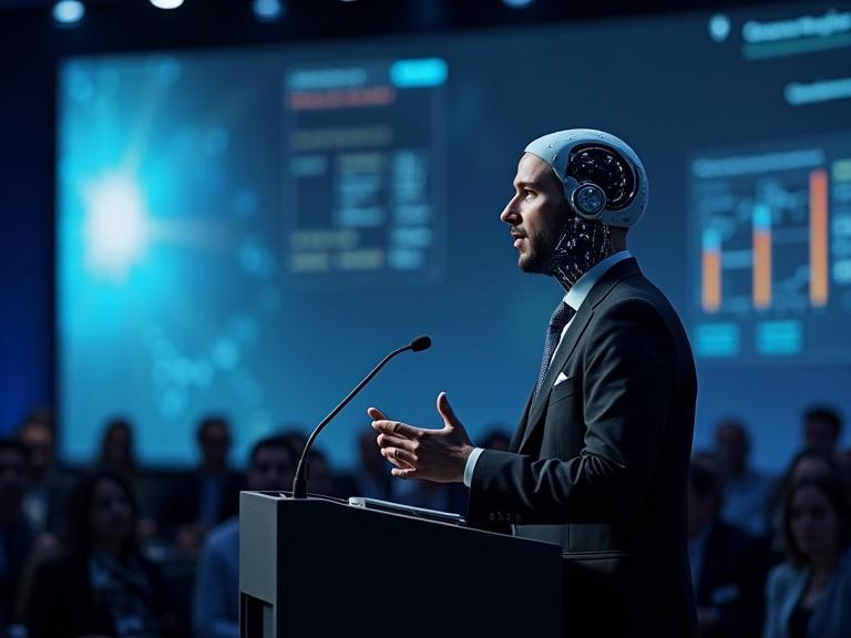 A man wearing a robotic headset delivers a keynote speech on AI adoption at a conference. He is dressed in a suit and stands confidently at the podium. Background shows digital graphs and data.