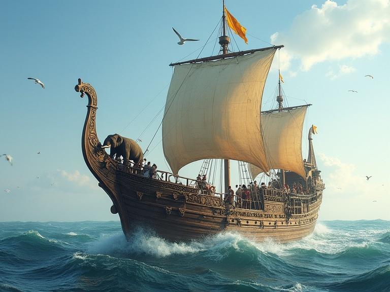 Majestic wooden ship sails through turbulent sea. Tiger flag flies on mast. Intricate carvings adorn ship. Crew interacts with two elephants on deck. One elephant crouches while another surveys horizon. Lookout waves animatedly. Seagulls glide overhead.