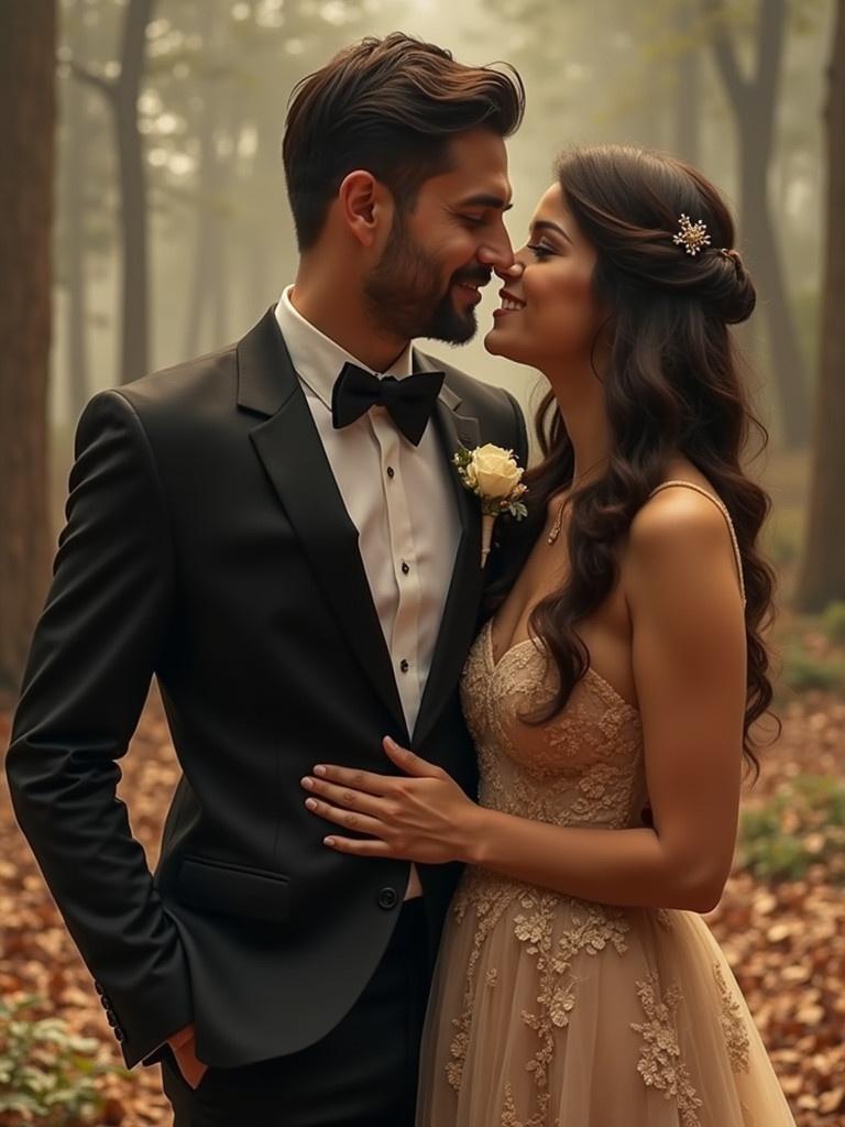 A loving couple shares a moment in a misty forest. The groom wears a black tuxedo with a bow tie and the bride wears a beautiful dress. They are in a close embrace, smiling at each other. Soft light highlights their joyful expressions and the surrounding nature is filled with autumn leaves.