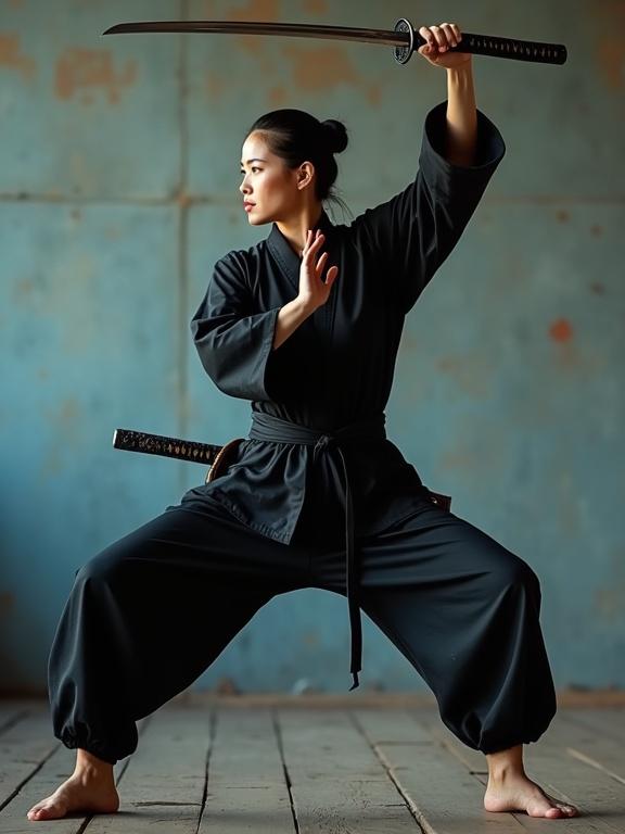Young woman in dynamic kung fu stance with left knee bent and right leg extended back. Right hand gripping katana raised above shoulder, left hand extended forward. Wearing form-fitting black martial arts outfit. Background features weathered blue-grey wall and wooden floor. Warm lighting casts soft shadows, creating a cinematic atmosphere.