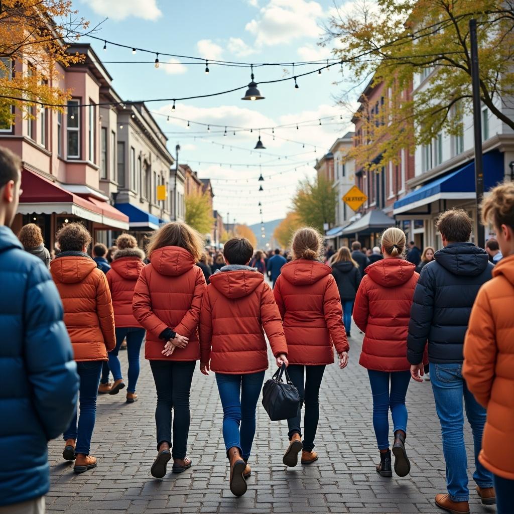 A busy winter shopping street in Trois-Rivières. Groups of people wearing matching red jackets walk side by side. Bright buildings line the street. String lights hang above.