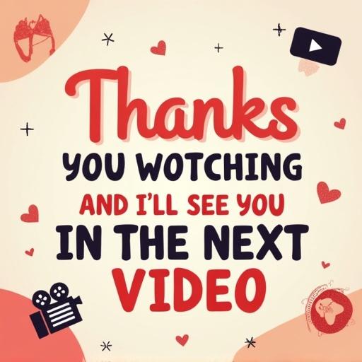 A bright and colorful graphic design with the text 'Thanks for watching, and I’ll see you in the next video!' in bold typography. The background features soft gradients and icons related to videos like play buttons and cameras.