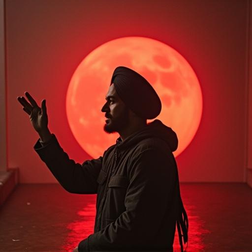 Visual imagery inspired by the song Jalsa by Satinder Sartaj featuring a silhouette of a person with a vibrant red circular background.