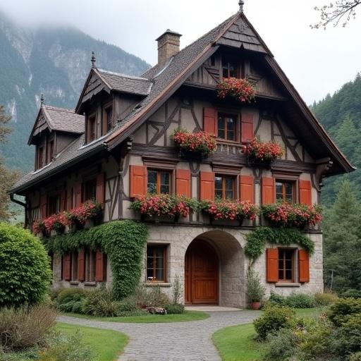 A charming traditional house with flower boxes stands surrounded by greenery. The house features a stone base and wooden upper structure. A pathway leads to the entrance, with a mountain backdrop.