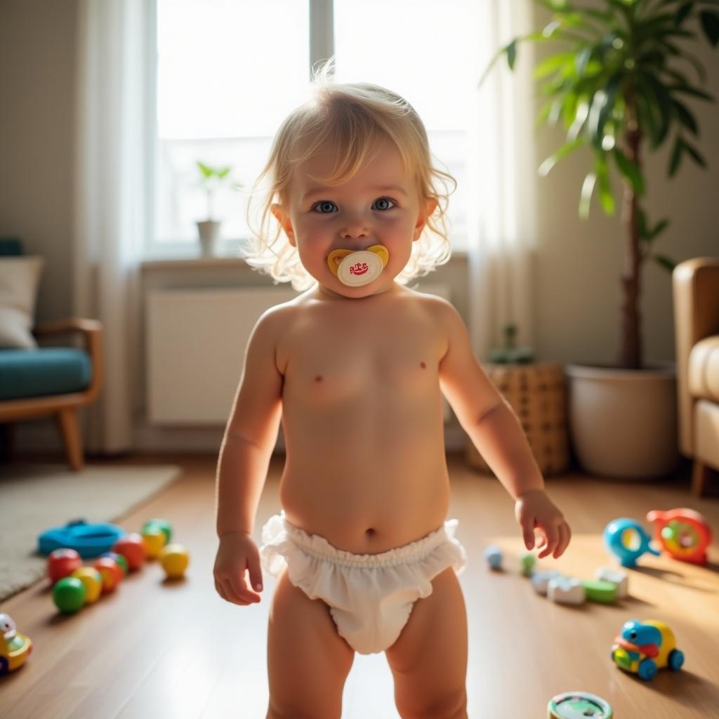 A blonde toddler girl stands confidently in a living room filled with scattered toys. She is wearing only a diaper, and a pacifier rests in her mouth, giving her a cute, innocent appearance. The room is well-lit with soft natural light pouring in through a window. In the background, plush furniture and house plants create a warm and inviting atmosphere. The playful chaos of toys around her adds to the whimsical feel of the image.