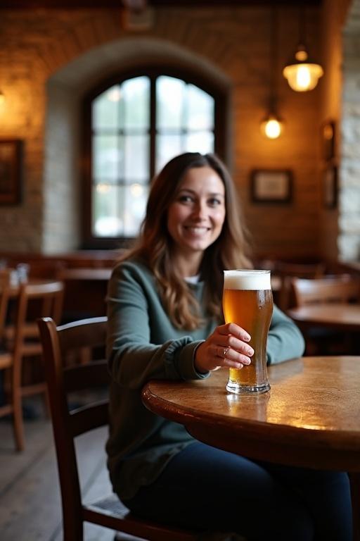 A person sits at a wooden table in a cozy pub setting. The individual holds a glass of butterbeer. The background shows stone walls and an archway with windows. The atmosphere is warm with wooden chairs and soft lighting from hanging lamps.