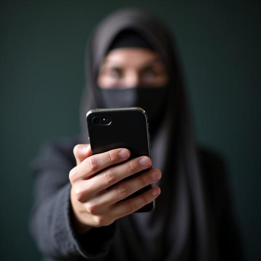 Wide angle close-up of a smartphone in the hand of a veiled Muslim woman. Focus on smartphone and hand. Emphasize modern technology and cultural representation.