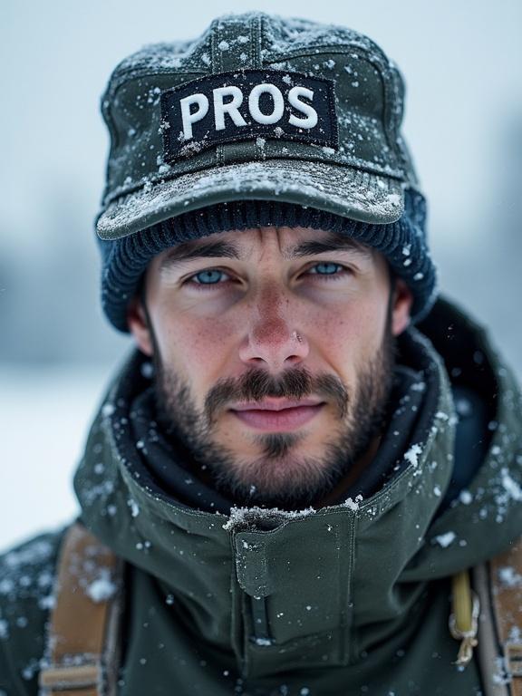 Photo portrait of a man in military attire. The man has a hat labeled 'PROS'. He is in a snowy, cold environment, exhibiting a serious expression. Snowflakes are visible on his coat and hat.