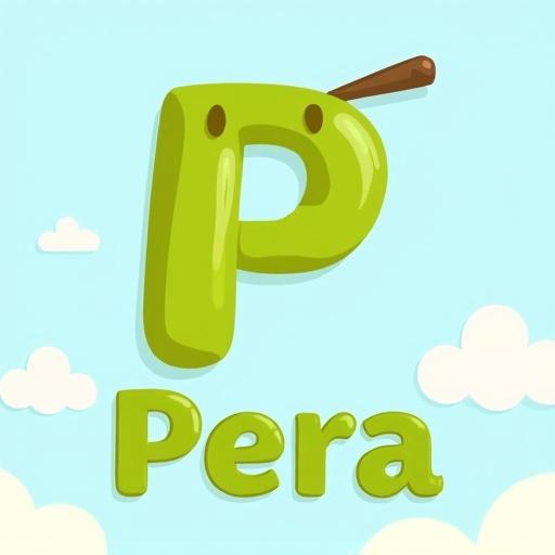 Colorful child-friendly illustration light blue background with clouds large uppercase letter P shaped as green pear word Pera below cheerful kid-oriented style soft vibrant colors rounded corners friendly proportions.