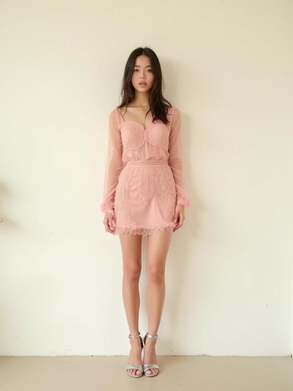 Photograph of a young woman standing against an off-white wall. She wears a pink sheer top and mini dress. The atmosphere is minimalist and intimate. The woman has a confident posture with a direct gaze. The pinkish hue contrasts with the background. Soft lighting highlights the transparency of her clothing. Silver high-heeled sandals add sophistication.