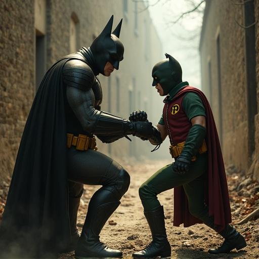 Batman and Robin in an action-filled pose fighting mummies in an alleyway. Superheroes showing strength and collaboration. Captivating moment of teamwork.
