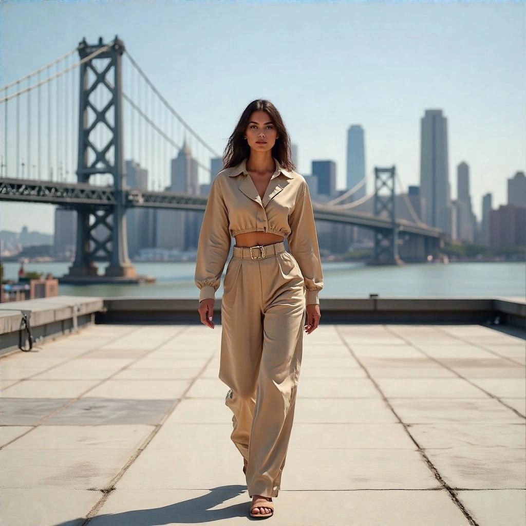 A woman in a beige outfit walks on a rooftop. Bay Bridge and city skyline appear in the background. The scene captures urban lifestyle.