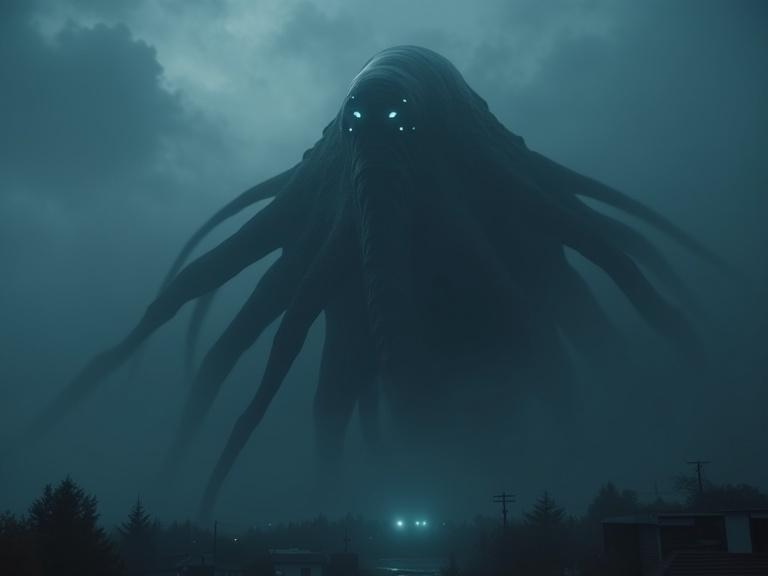 Cinematic view of a colossal smooth tentacle creature with multiple glowing eyes emerging from fog high above a town. Dark and eerie atmosphere.