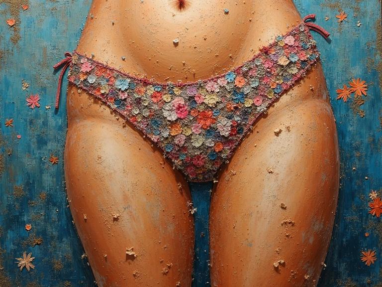 Masterpiece oil painting of lingerie panty. Features vibrant texture play using newspaper and jute fibres. Includes mixed media elements. Showcases a multilayered structure with luminous colors. Captivating composition with depth and intricate details.