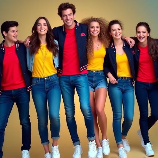 A colorful casual celebration outfit for a dance finale inspired by High School Musical. Males wear fitted jeans and polo shirts or varsity jackets with white sneakers. Females wear denim skirts or jeans and bright-colored tops like red or yellow blouses with light accessories. Outfits look fresh and joyful, reflecting unity and celebration in a high school musical setting.