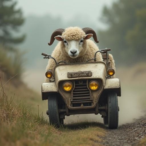 A sheep drives a small car on a misty road. The sheep has large horns and a fluffy white body. The car is old and dirty. The background features a blurred landscape and trees.