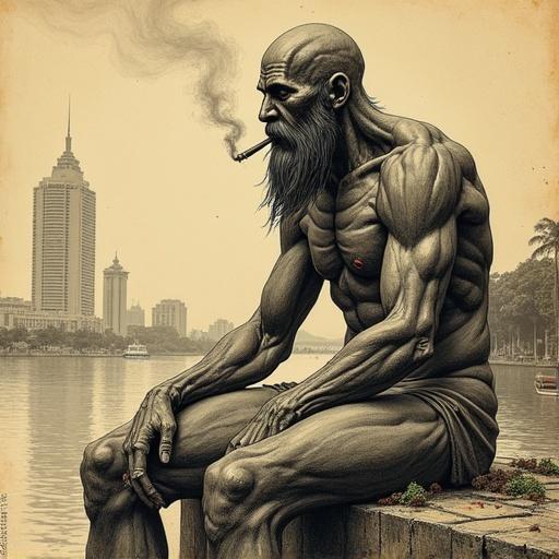 A giant sits at the Kuching waterfront. Background features the DUN building. The giant smokes a cigarette. The style emulates Leonardo da Vinci's drawings, capturing muscular details and expressions.