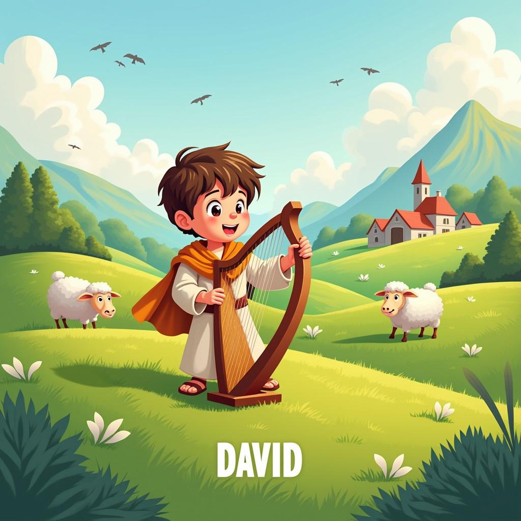 Cheerful cartoon illustration of David with brown hair wearing light brown clothing. He plays the harp in a lush green pasture filled with sheep. A distant village is visible in the background with mountains and a blue sky. Bright colors enhance the scene. The word DAVID is at the bottom.