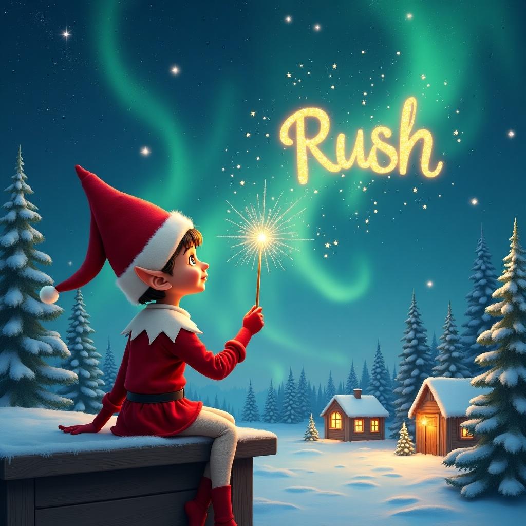 Elf on a ledge gazes at magical sky while writing in stars. Dressed in red outfit and pointed hat. Holds sparkling wand. Magical snowy landscape with charming houses and evergreen trees. Formerly adds 'Rush' then 'Violet' in starry sky.