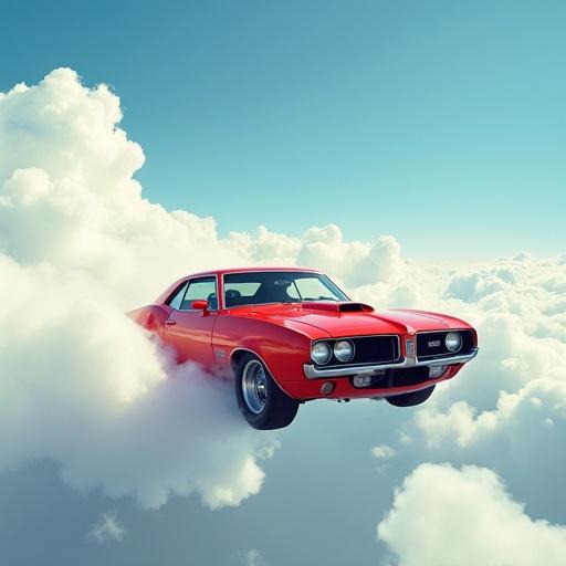 A red car is soaring through a bright blue sky filled with fluffy white clouds. The scene conveys a sense of adventure and wonder.