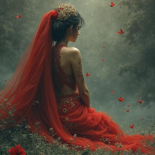 A woman wearing a flowing red dress is surrounded by butterflies in a mystical landscape. The setting has a dreamlike quality with a focus on elegance and beauty.
