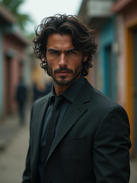 Photorealistic image of a handsome man with thick waved hair. He is dressed in a dark suit. Background features a hostile favela environment in Latin America.