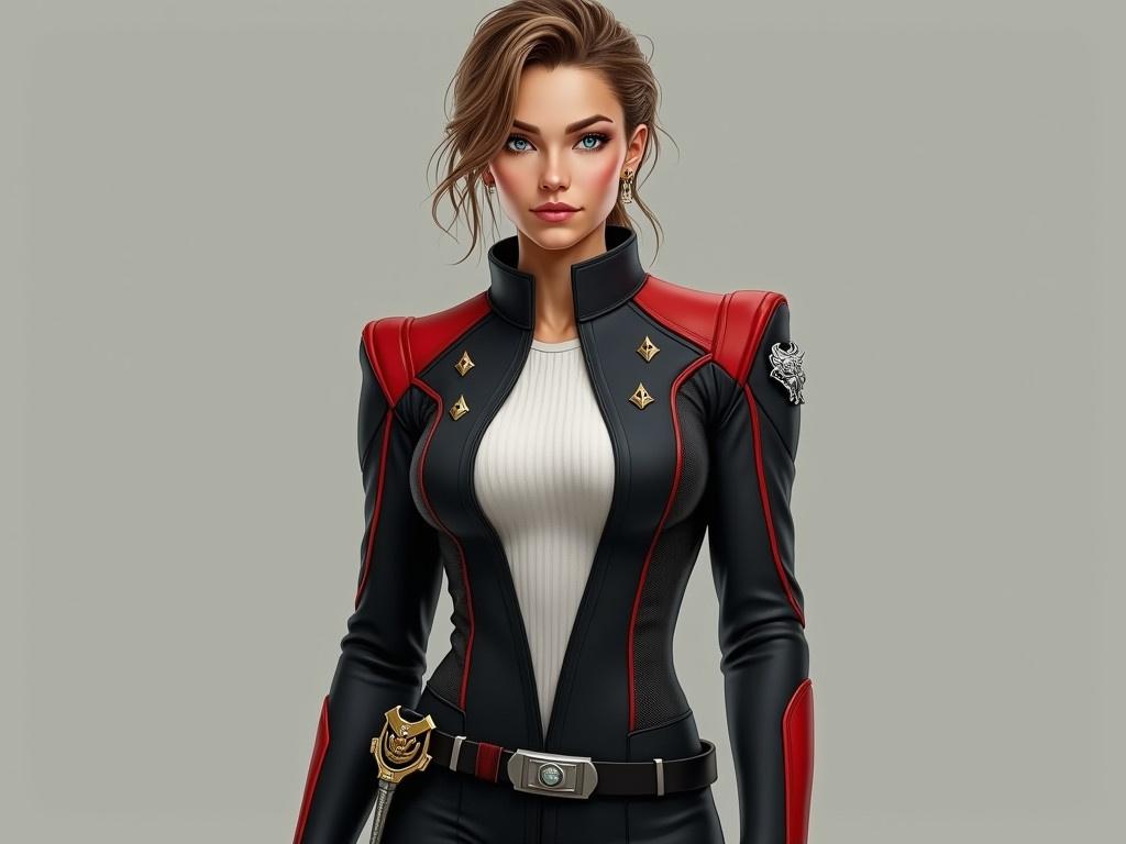 The image depicts a 35-year-old woman with an athletic build, standing confidently in a realistic sci-fi military uniform. Her sandy brown hair is neatly styled, contrasting with her darker eyebrows. She has striking blue-green eyes and subtly shaped lips that give her a strong but not overly glamorous appearance. Her uniform is crafted from tough synthetic fabric, predominantly black, with a striking red stripe running across the tops of her shoulders and down the sides, enhancing her powerful presence. The jacket features padded shoulders and is worn over a white knit shirt with a flat collar, along with tailored pants that fit her tall frame well. Both shoulders boast patches where the red stripes meet; the left displays a white sword on a gold shield, while the right features a three-headed gray wolf, all with a simple yet authoritative design. Four small gold diamonds on her left breast signify her rank as Captain, while a small gold shield-shaped comm-badge is featured on her right breast. A unique belt with an additional band sits lower on her hip, holding a gold-hilted dagger in a sleek black scabbard.