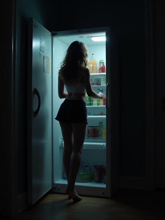 Girl reaching into fridge at night. Room is dark with fridge light illuminating the scene. She wears shorts and tank top. One foot lifted slightly. Caught mid-movement, like someone is sneaking a peek.