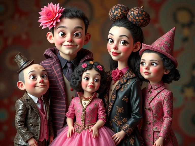 3D portrait of a whimsical family wearing eccentric attire featuring pink and black shades. Clothing with intricate patterns like pinstripes and paisley. Background in brown and red tones with a lyrical abstract theme. Highly detailed design inspired by Kandinsky and Studio Ghibli aesthetics.