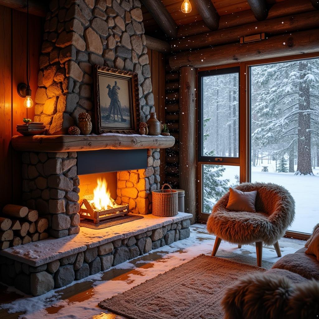 Luxurious log cabin interior with a cozy fireplace. Snow falls outside the window. Comfortable chair by the fire. Stone chimney adds warmth. Rug on the wooden floor provides comfort.