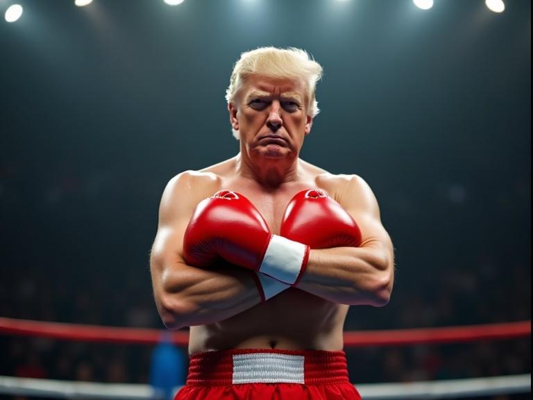 Donald Trump in a boxing stadium with arms folded wearing red boxing gloves and shorts. He has a serious expression and is staring directly at the camera.