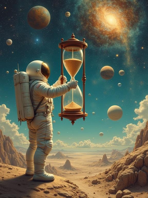 An astronaut holds a giant hourglass filled with upward-flowing sand in a cosmic landscape. Planets rotate backward in the sky. Antique clocks and broken celestial spheres frame the scene with supernovae in the background.