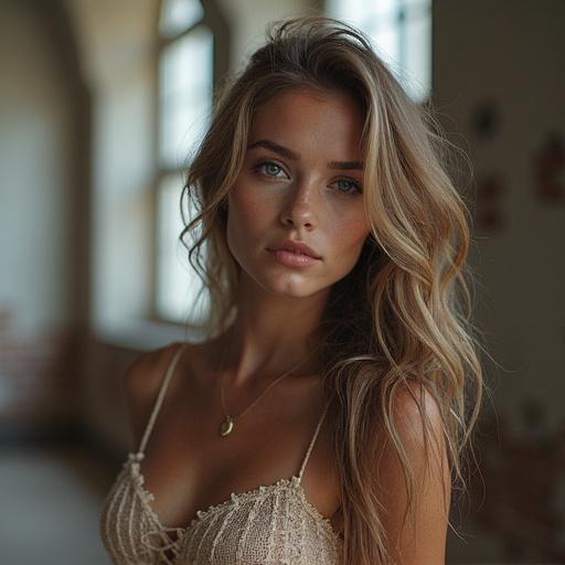 A woman with long hair wears a delicate top in soft natural light. The scene conveys elegance and warmth. The background is softly blurred to emphasize the subject. The woman appears relaxed and fashionable.
